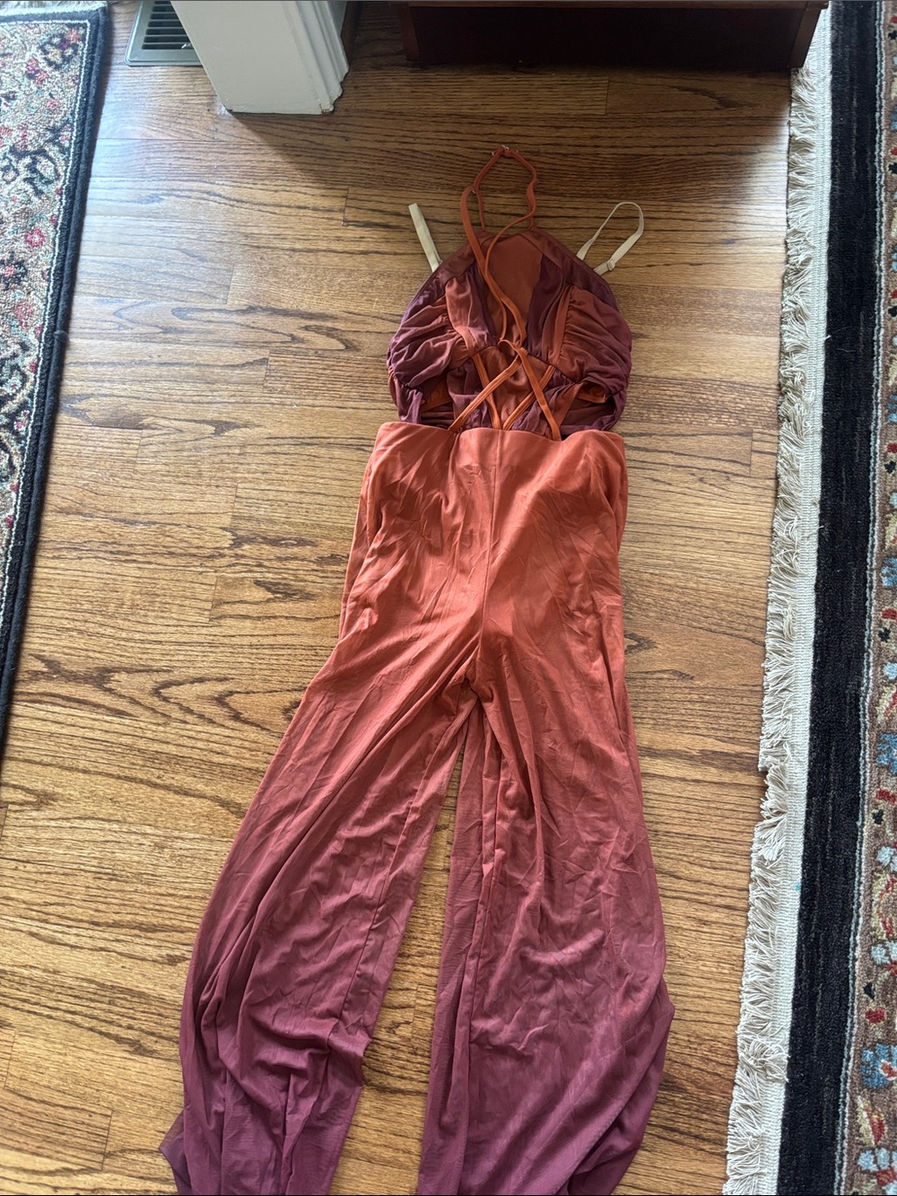 Ombre Halter Wide-Leg Jumpsuit in Rust to Burgundy